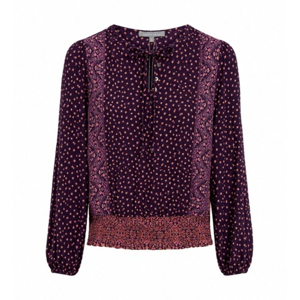 Daniel Rainn Colie Printed Henley Knit Top Dark Purple Floral Smocked Hem XS NWT